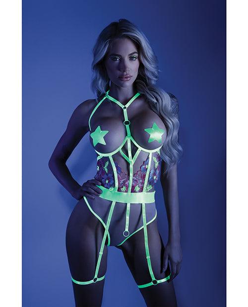 product image, Glow Black Light Embroidered Cupless Garter Teddy (pasties Not Included) Neon Chartreuse - SEXYEONE