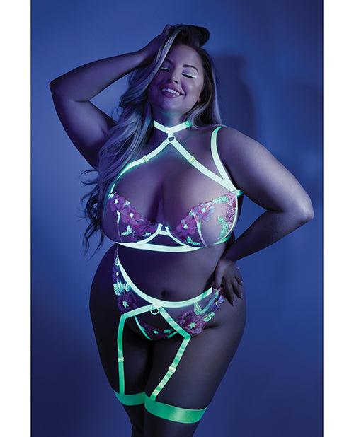 product image, Glow Black Light Embroidered Harness Bra, Leg Garterbelt & G-string Neon Chartreuse Qn - SEXYEONE
