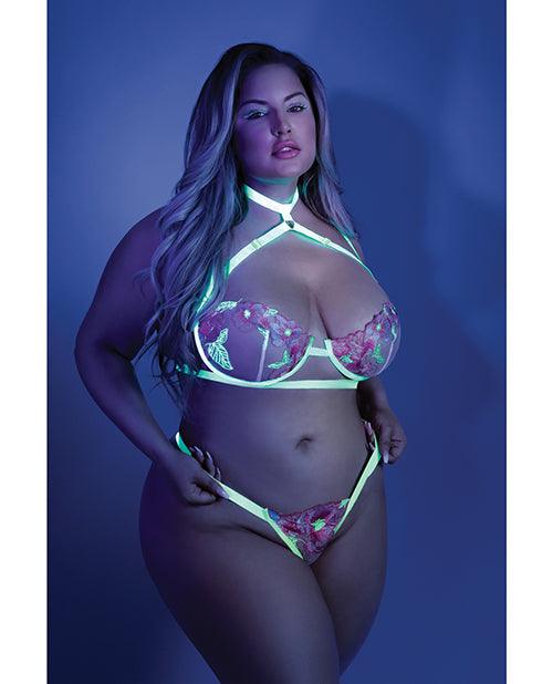 image of product,Glow Black Light Embroidered Harness Bra, Leg Garterbelt & G-string Neon Chartreuse Qn - SEXYEONE