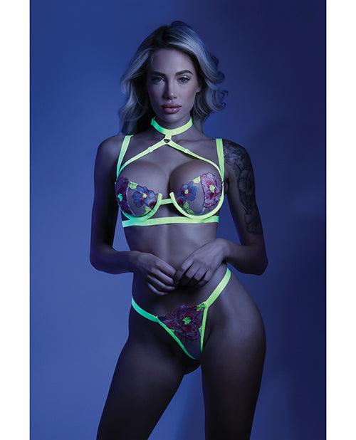 image of product,Glow Black Light Embroidered Harness Bra, Leg Garterbelt & G-string Neon Chartreuse - SEXYEONE