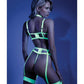 Glow Black Light Embroidered Harness Bra, Leg Garterbelt & G-string Neon Chartreuse - SEXYEONE
