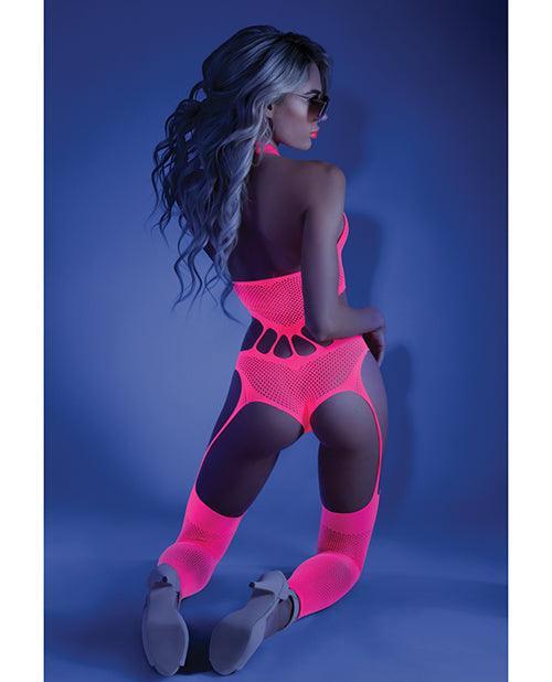 Glow Black Light Footless Teddy Bodystocking Neon Pink O-s - SEXYEONE