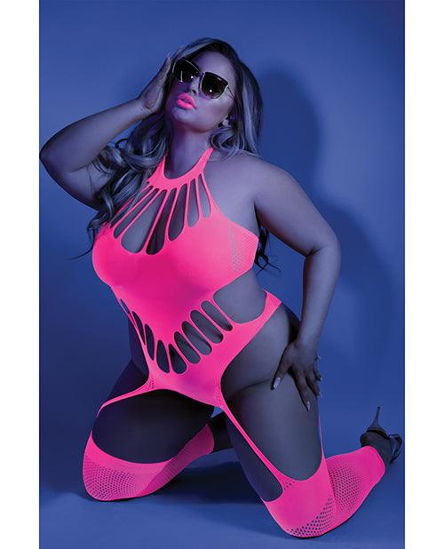 product image, Glow Black Light Footless Teddy Bodystocking Neon Pink Qn - SEXYEONE