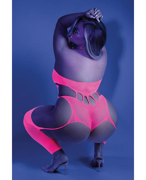 image of product,Glow Black Light Footless Teddy Bodystocking Neon Pink Qn - SEXYEONE