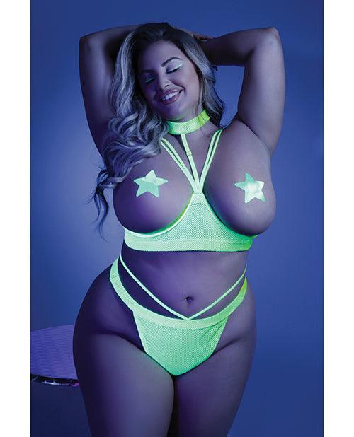 product image, Glow Black Light Harness Open Shelf Bra & Cage Thong (pasties Not Included) Neon Lemon Qn - SEXYEONE