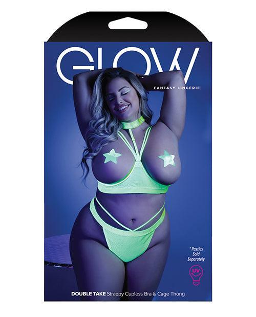 image of product,Glow Black Light Harness Open Shelf Bra & Cage Thong (pasties Not Included) Neon Lemon Qn - SEXYEONE