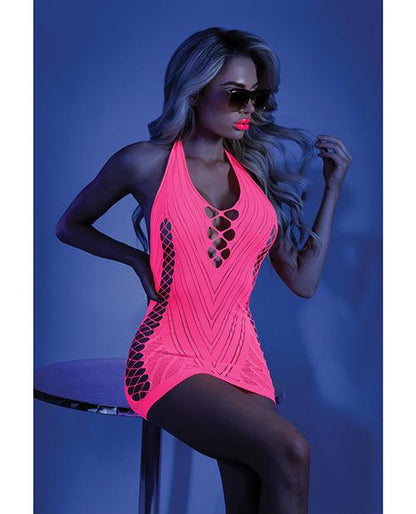 Glow Black Light Net Halter Dress Neon Pink O/s - SEXYEONE