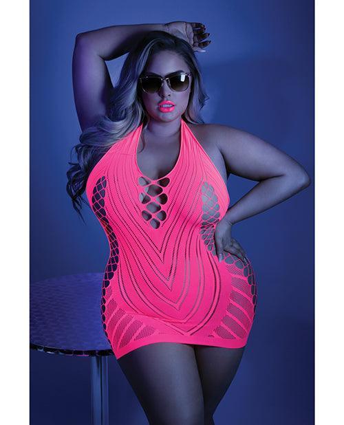 product image, Glow Black Light Net Halter Dress Neon Pink Qn - SEXYEONE