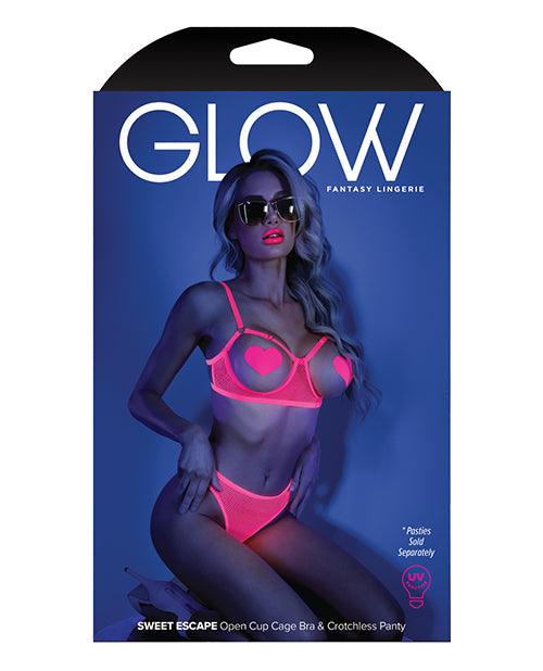 image of product,Glow Black Light Open Cup Bra & Crotchless Panties (pasties Not Included) Neon Pink - SEXYEONE