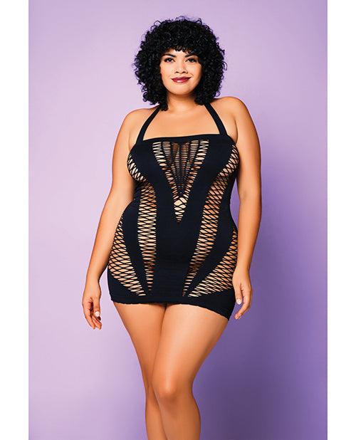 product image, Heart Of Chaos Seamless Chemise W-halter Strap & Vertical V Cut Outs Black Qn - SEXYEONE