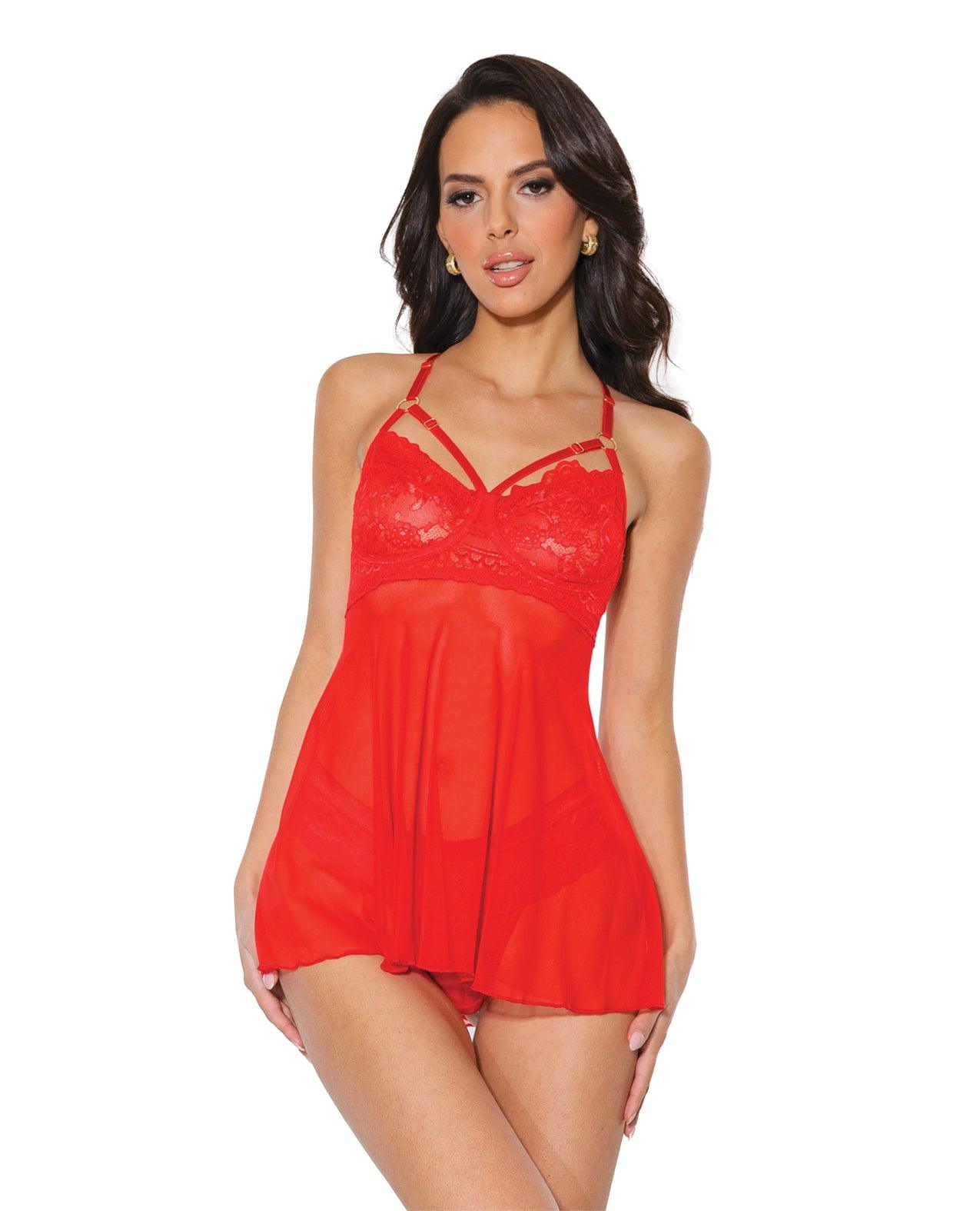 product image, Holiday Scallop Stretch Lace & Mesh Babydoll & Thong Red/gold - SEXYEONE