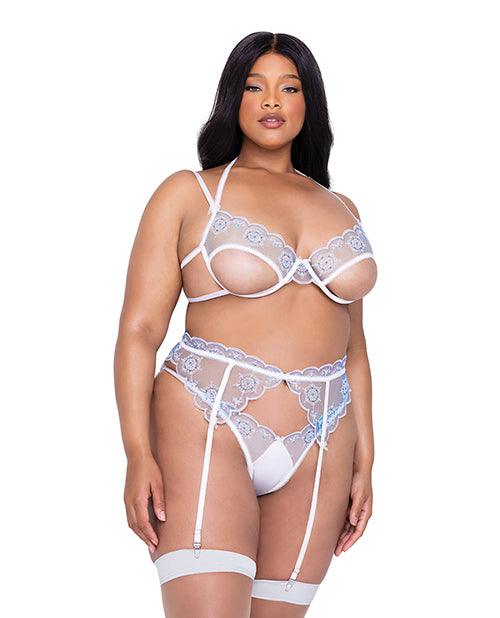 Holiday Snow Queen Metallic Snowflake Embroidered Bra & High Waisted Thong Blue/white - SEXYEONE