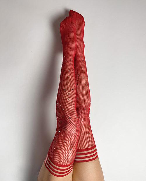 product image, Kix'ies Joely Fishnet Rhinestone Thigh High Red A - SEXYEONE