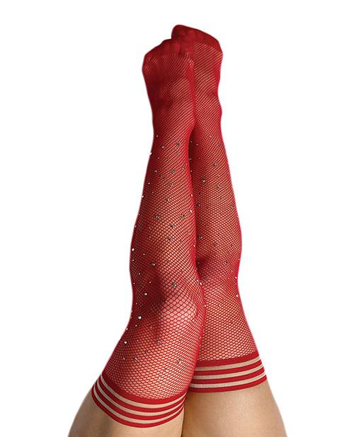 product image, Kix'ies Joely Fishnet Rhinestone Thigh High Red D - SEXYEONE