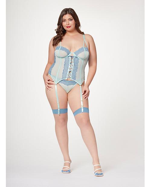product image, Lace & Mesh Bustier W/lace Up Center, Garter Belt & Thong Blue - SEXYEONE