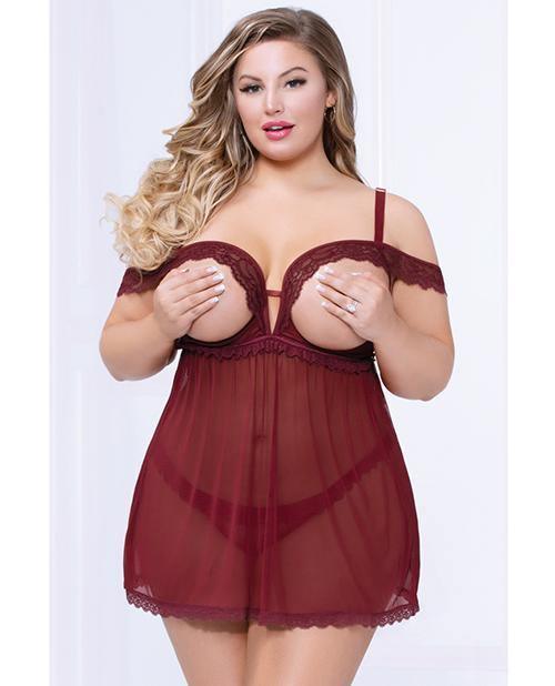 product image, Lace & Mesh Open Cups Babydoll W/fly Away Back & Panty Wine - SEXYEONE 