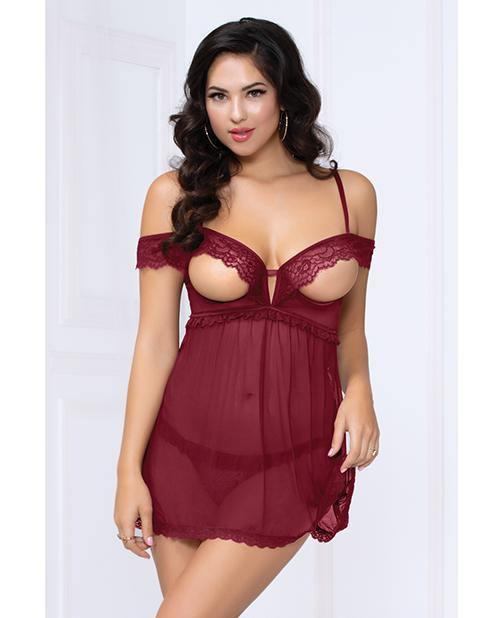 product image, Lace and Mesh Open Cups Babydoll With fly Away Back and Panty Wine - SEXYEONE 