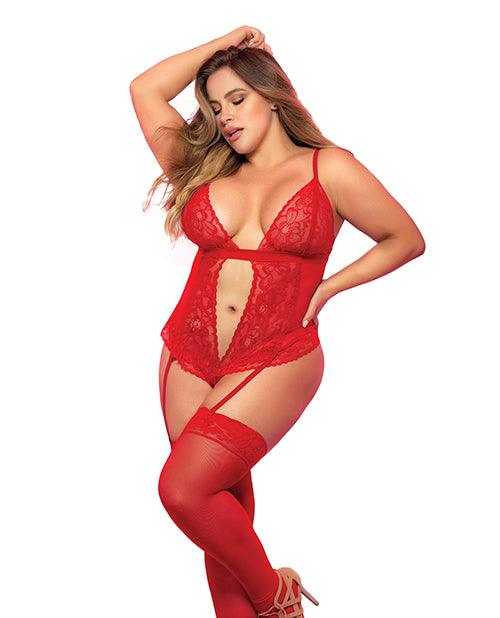 product image, Lace & Mesh Teddy W/hook & Eye Crotch Closure W/attached Garter Straps Red - SEXYEONE