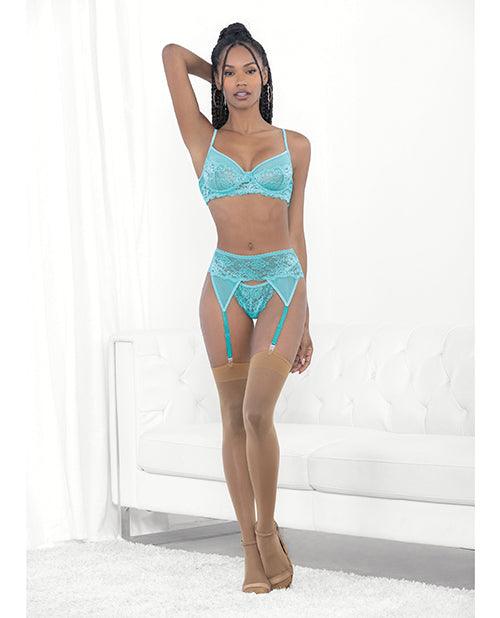 product image, Lace & Mesh Underwire Bra, Garterbelt & G-string Malibu Blue - SEXYEONE
