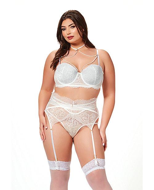 product image, Lace & Pearl Bra, Garter Belt & Thong White - SEXYEONE