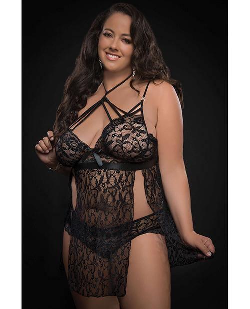 product image, Lace Halter Babydoll W/lace Panty Qn - SEXYEONE 