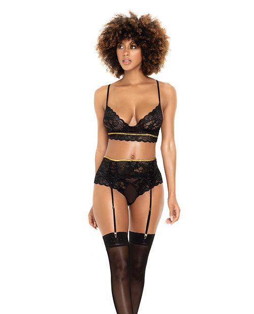 product image, Lace Underwire Bra, Thong & Garterbelt W/lace Up Detail Black - SEXYEONE