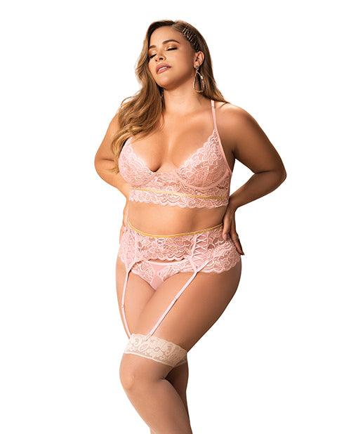 product image, Lace Underwire Bra, Thong & Garterbelt W/lace Up Detail Rose - SEXYEONE