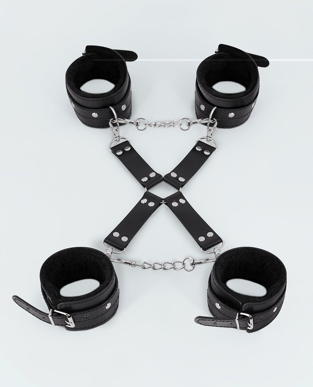 product image, Lust Pu Leather All 4's Fuzzy Cuff Set - Black - SEXYEONE