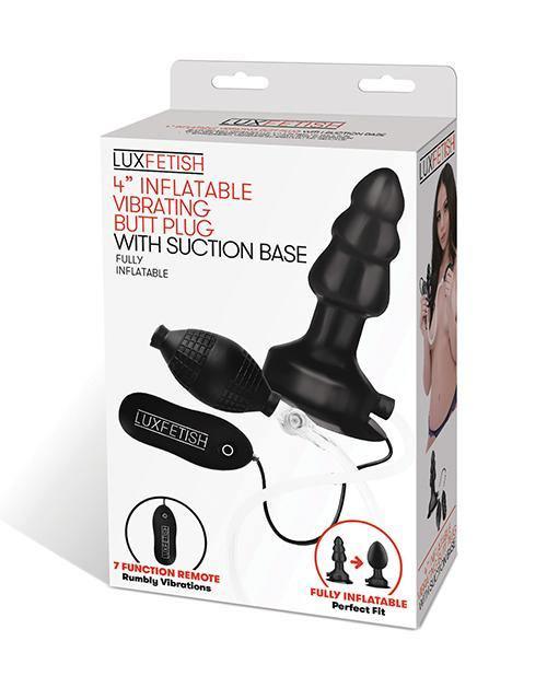 product image, Lux Fetish 4" Inflatable Vibrating Butt Plug W-suction Base - Black - SEXYEONE 