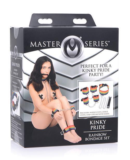 product image, Master Series Kinky Pride Rainbow Bondage Set - Wrist & Ankle Cuffs & Collar W-leash - SEXYEONE 