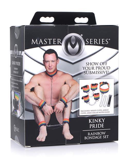 product image,Master Series Kinky Pride Rainbow Bondage Set - Wrist & Ankle Cuffs & Collar W-leash - SEXYEONE 