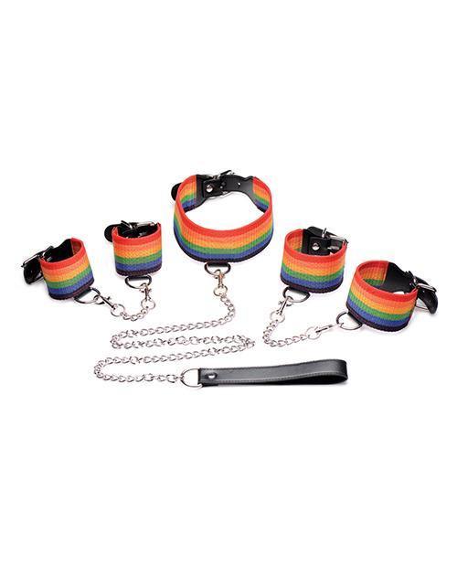image of product,Master Series Kinky Pride Rainbow Bondage Set - Wrist & Ankle Cuffs & Collar W-leash - SEXYEONE 