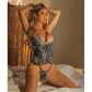 Metallic Scallop Stretch Lace & Sheer Mesh Teddy W/removable Backless Panty Teal/rose Gold - SEXYEONE