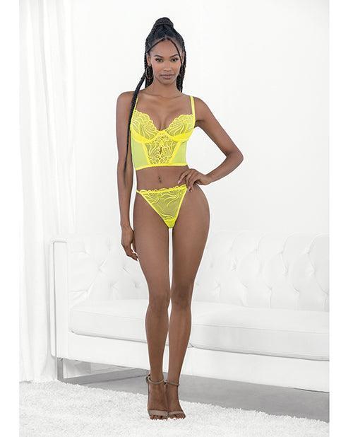 product image, Neon Lace Corset Top W/ring Accent & Panty Neon Lime - SEXYEONE