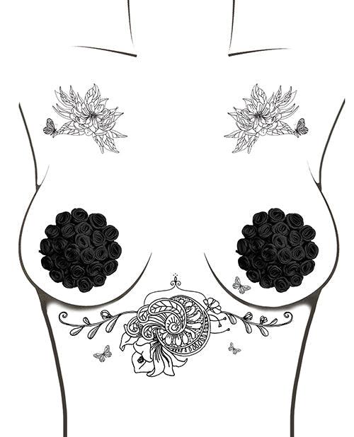 image of product,Neva Nude Burlesque Nightfall Roses Reusable Silicone Pasties - Black O-s - {{ SEXYEONE }}