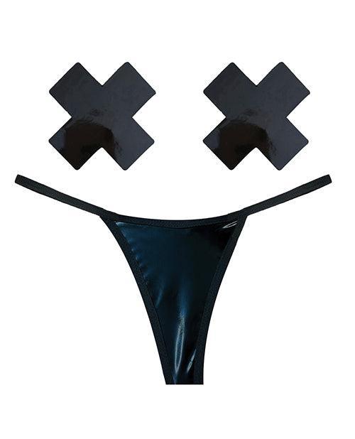 product image, Neva Nude Naughty Knix Dom Squad Wet Vinyl G-string & Pasties - Black O-s - SEXYEONE