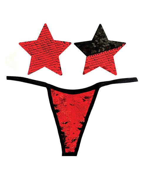 product image, Neva Nude Naughty Knix Sookie Flip Sequin G-string & Pasties - Red/black O/s - SEXYEONE
