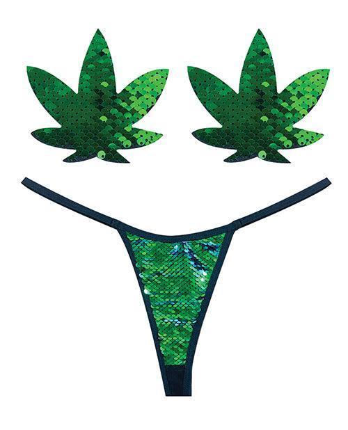 product image, Neva Nude Naughty Knix Weed Leaf Sequin G-string & Pasties - Green O-s - SEXYEONE