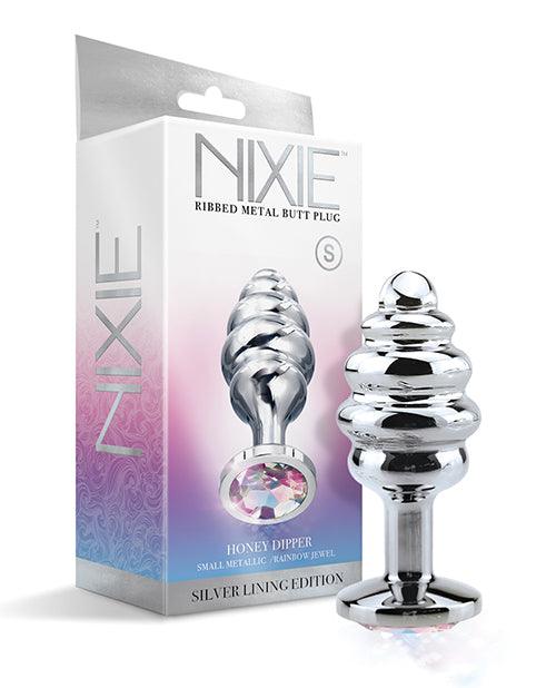 product image, Nixie Honey Dipper Ribbed Metal Rainbow Jeweled Butt Plug - SEXYEONE