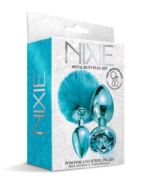 image of product,Nixie Metal Butt Plug Set W/jewel Inlaid & Pom Pom - {{ SEXYEONE }}