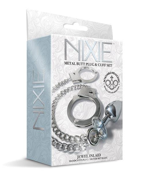 product image, Nixie Metal Butt Plug W-inlaid Jewel & Cuff Set - Silver Metallic - SEXYEONE