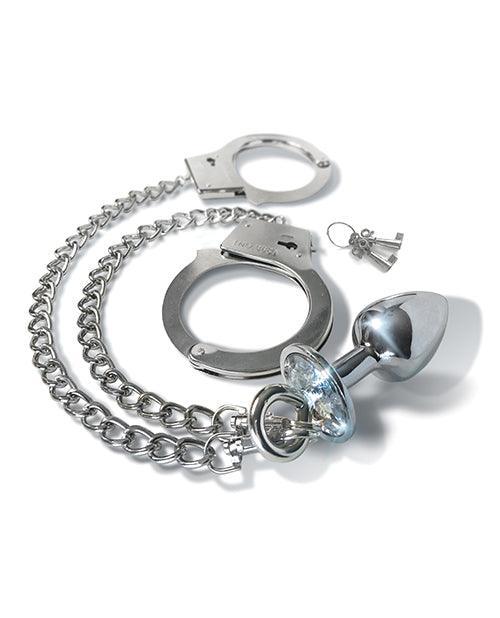 image of product,Nixie Metal Butt Plug W-inlaid Jewel & Cuff Set - Silver Metallic - SEXYEONE