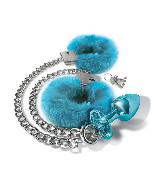 image of product,Nixie Metal Butt Plug W/inlaid Jewel & Fur Cuff Set - SEXYEONE