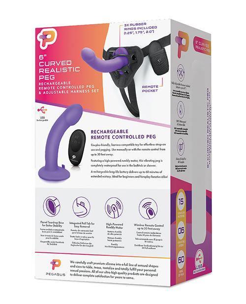 product image,Pegasus 6" Rechargeable Curved Peg W-adjustable Harness & Remote Set - Purple - SEXYEONE 