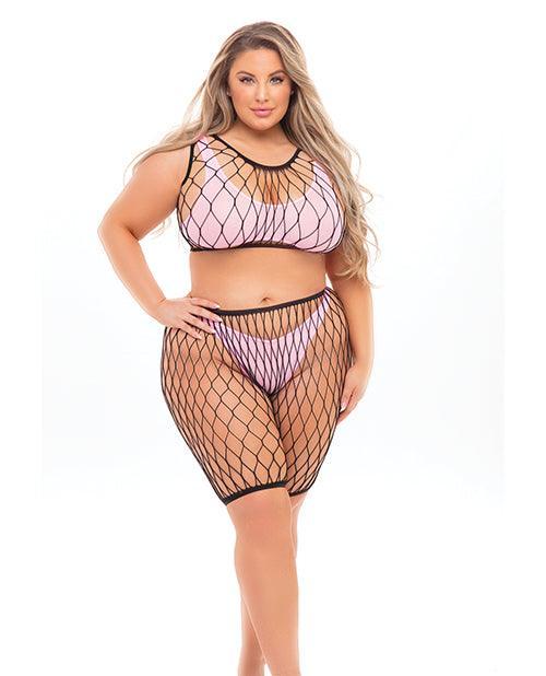 image of product,Pink Lipstick Brace For Impact Large Fishnet Top, Shorts, Bra & Thong (fits Up To 3x) Pink Qn - SEXYEONE