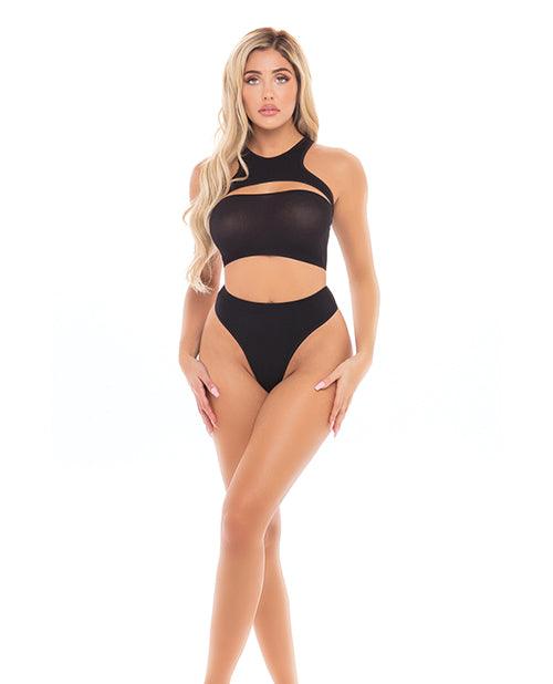 product image, Pink Lipstick Divine Bandeau, Harness Top, & High Waist Thong Black O-s - SEXYEONE