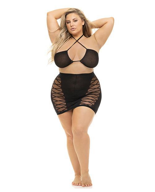 Pink Lipstick Hold On Tight Halter Bra & Skirt Black - SEXYEONE