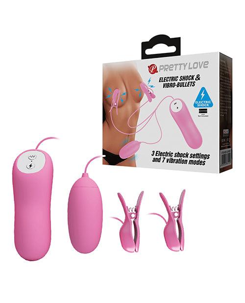 product image, Pretty Love Electric Shock Vibro Nipple Clamps & Bullet - Pink - SEXYEONE