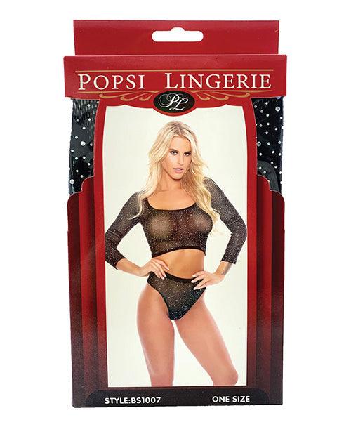 product image,Rhinestone Crop Top W-high Waist Panty Black O-s - SEXYEONE
