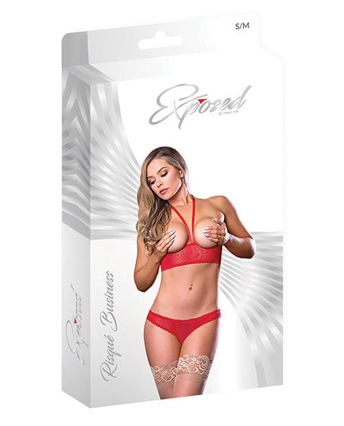image of product,Risque Business Cupless Bra & Crotchless Panty Red - SEXYEONE